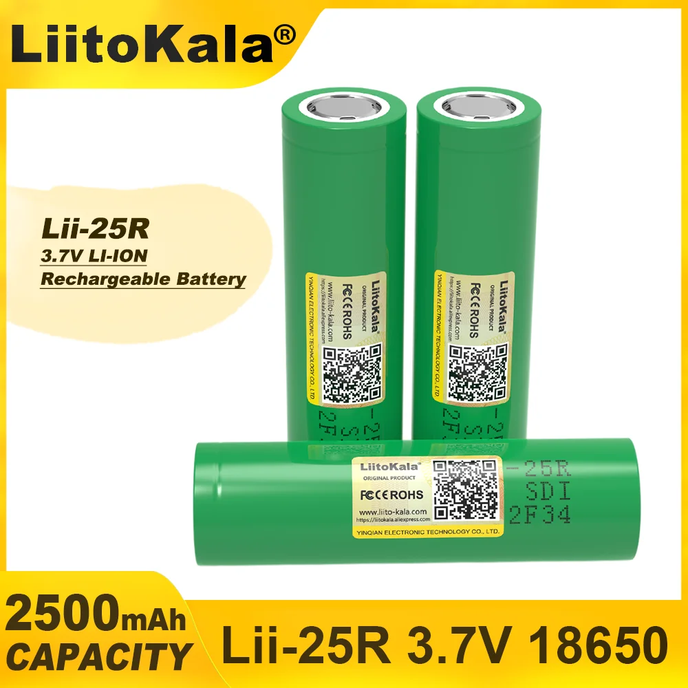 LiitoKala-rechargeable lithium-ion battery for flashlight, power tools, flashlight, headlamp, Lii-25R, 2500mAh, 18650 V