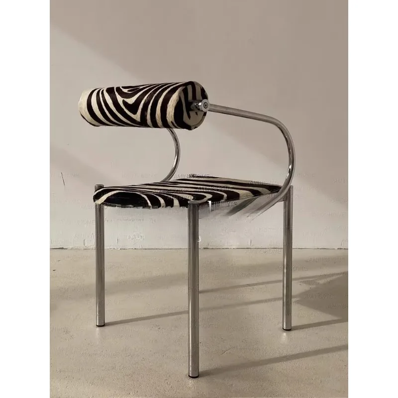 *Mid-Century Bauhaus Dining Chair Stainless Steel Frame with Zebra Pattern Upholstery Retro Lounge Armchair view 2