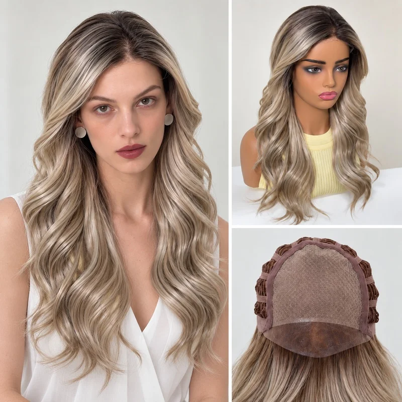 Hand Tied Mono Lace Wig for Women Free Parting Long Wavy Ash Blonde Dark Roots Imported Fiber Full Wig