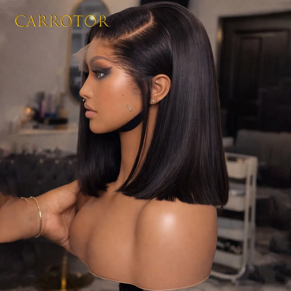 

Короткий парик-каре из натуральных волос, идеально прямой, с HD-кружевной фронтальной частью 13x4, без клея, предварительно прорезанный, готовый к носке