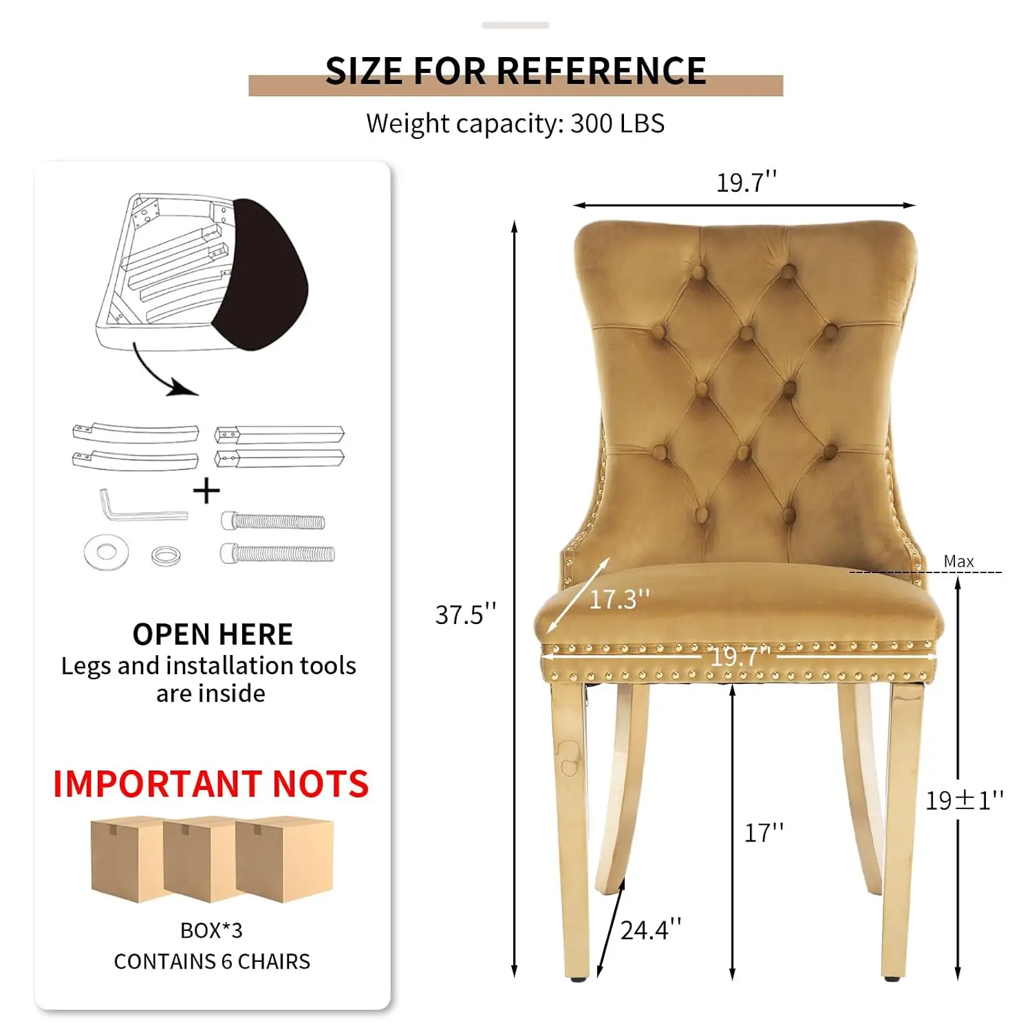 Velvet Tufted Dining Chairs Set of 6, Gold Metal Legs, Kitchen & Dining Room, Mid Century Modern Style, Customized