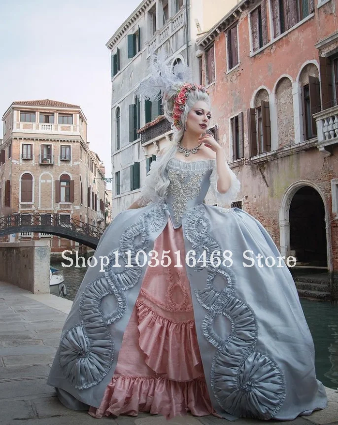 Historic Medieval Evening Dresses Sky Blue Strapless Corset Appliquéd Court Queen Long Venice Halloween Vestidos De Festa