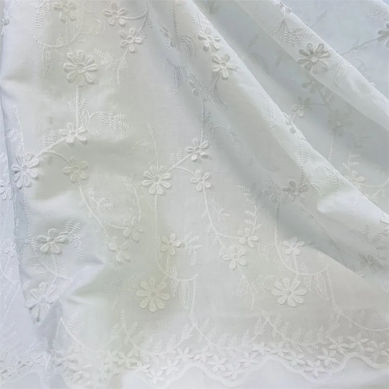 Embroidery White Lace Fabric Pure Cotton By The Yard for Wedding Dress Fashion Skirt Sew Hollow Cloth Summer Textile