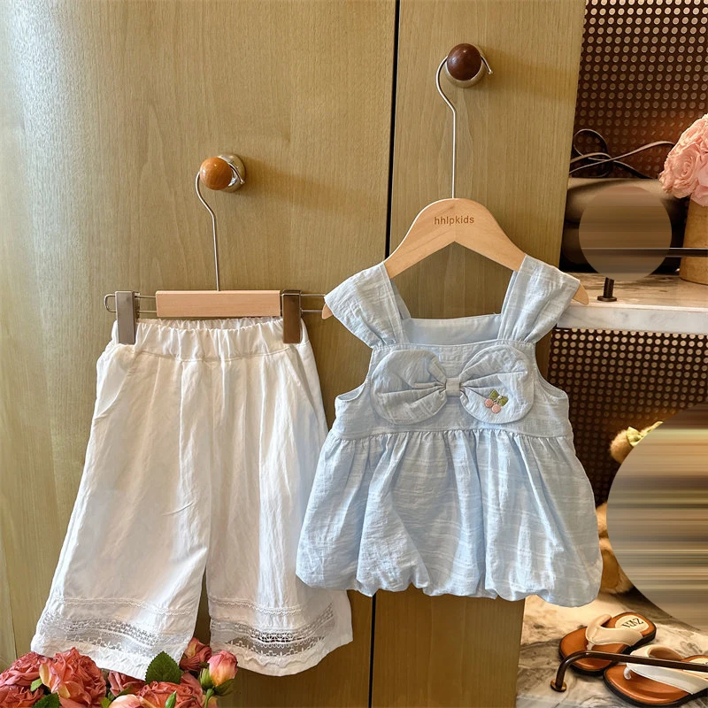 Girls Summer Fashion Set Bow Sleeveless Top And Wide-Leg Pants Two-Piece Outfit for Girls