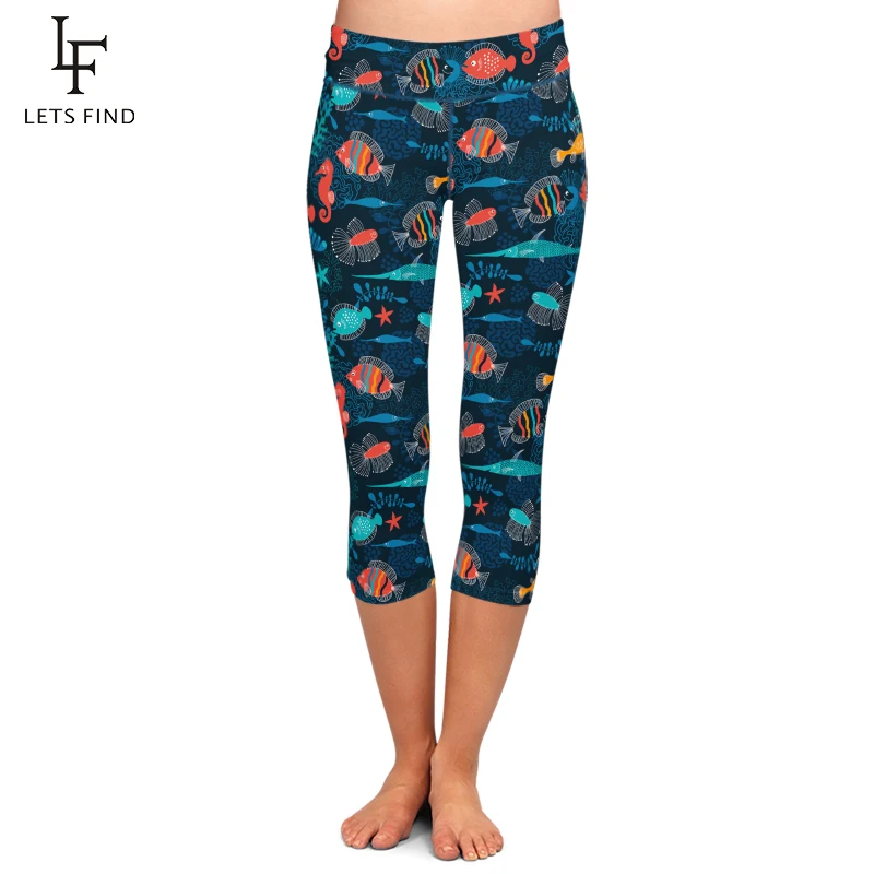 LETSFIND Summer High Elastic High Waist Women Capri Leggings Cartoon Fish Print  Mid-Calf Black Leggings