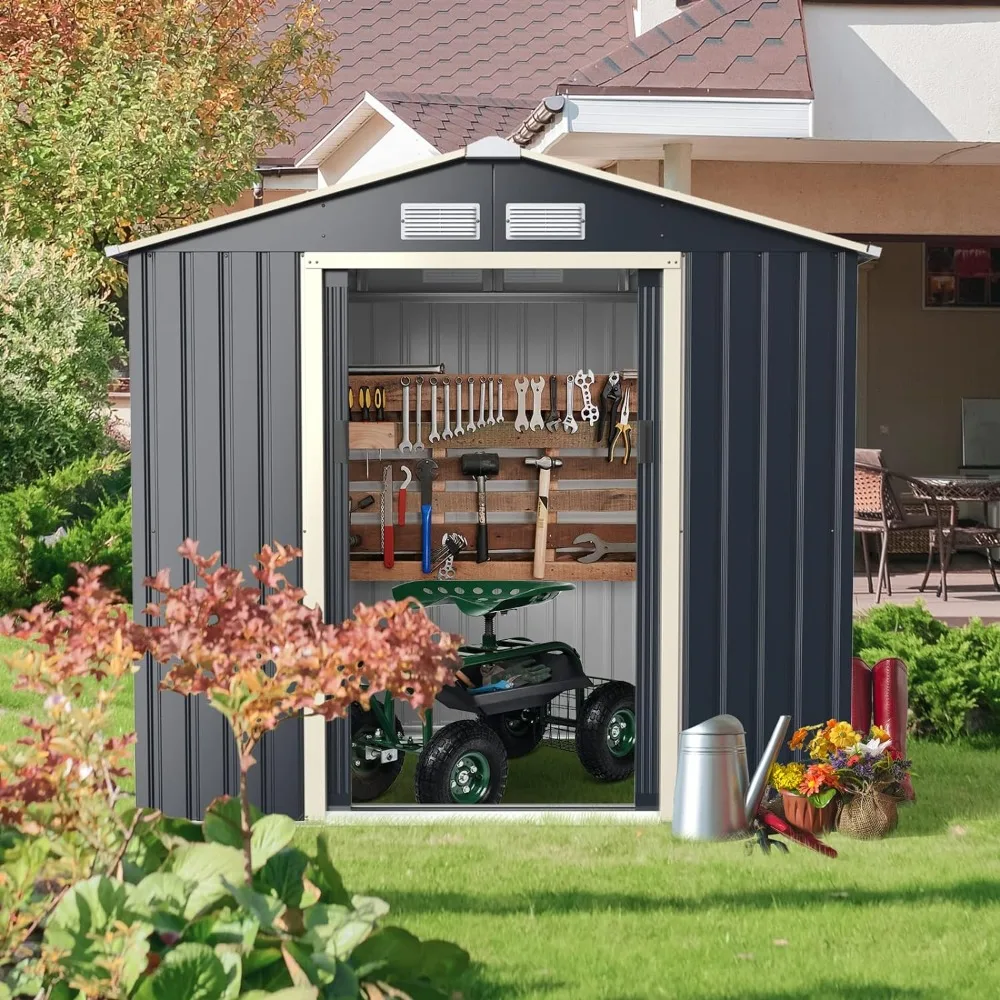 

Sheds Outdoor Storage Shed Patio 7' X 4' Metal Garden Shed With 4 Vents & Double Sliding Door Lawn Tools Prefabricated Warehouse