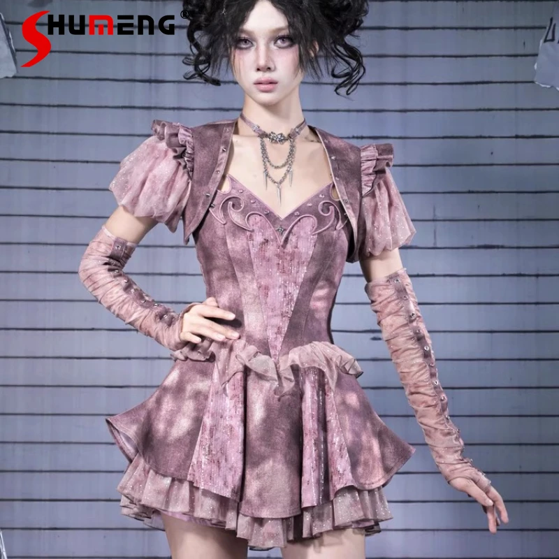 

American Retro Original Design Punk Style Sleeveless Short Sequin Dress Sweet Cool Purple Suspender High-waisted Dresses Ladies