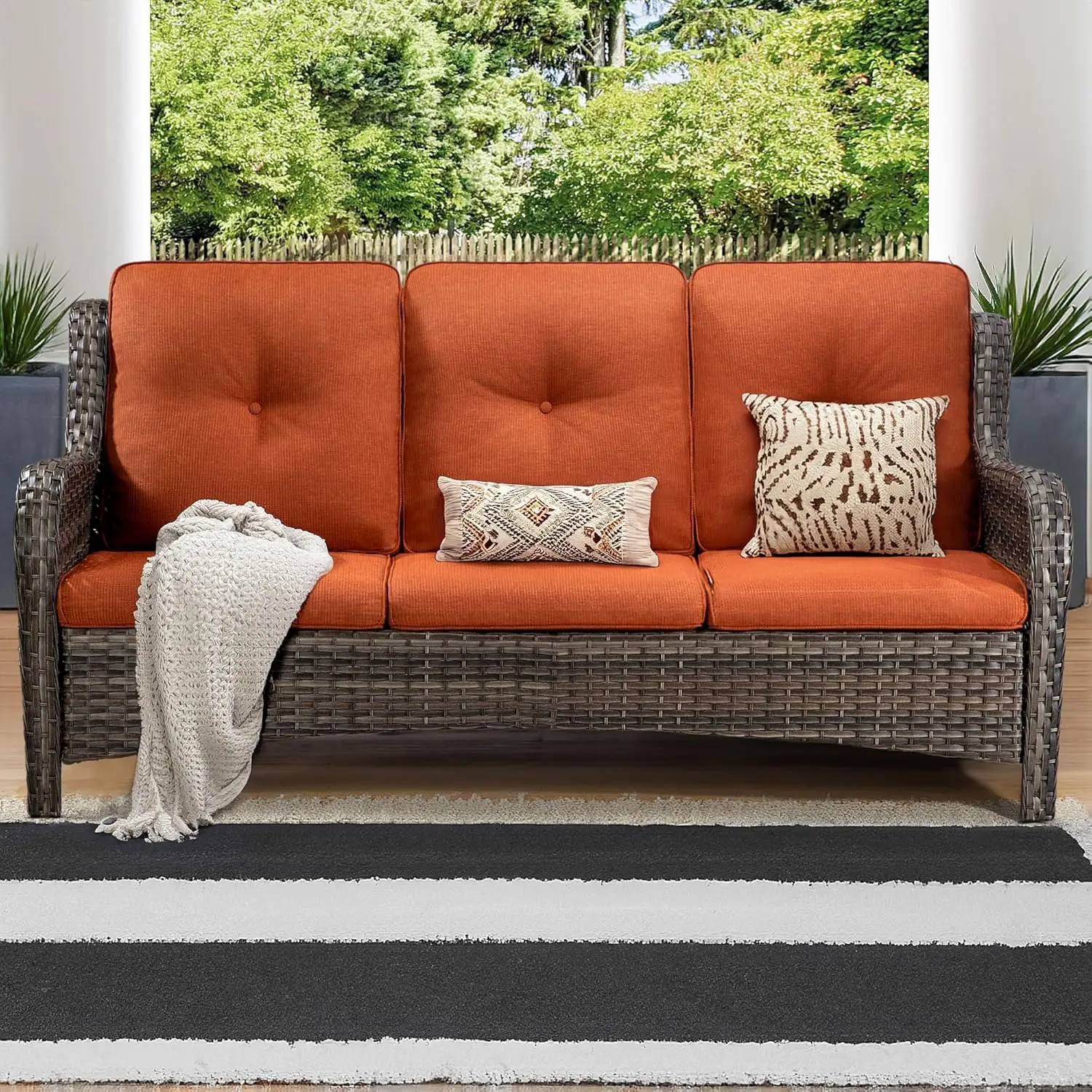 

Outdoor Couch Wicker Patio Sofa - 3-Seat Patio Sofa with Deep Seating and Comfortable Cushions for Porch Deck Balcony Garden, Or