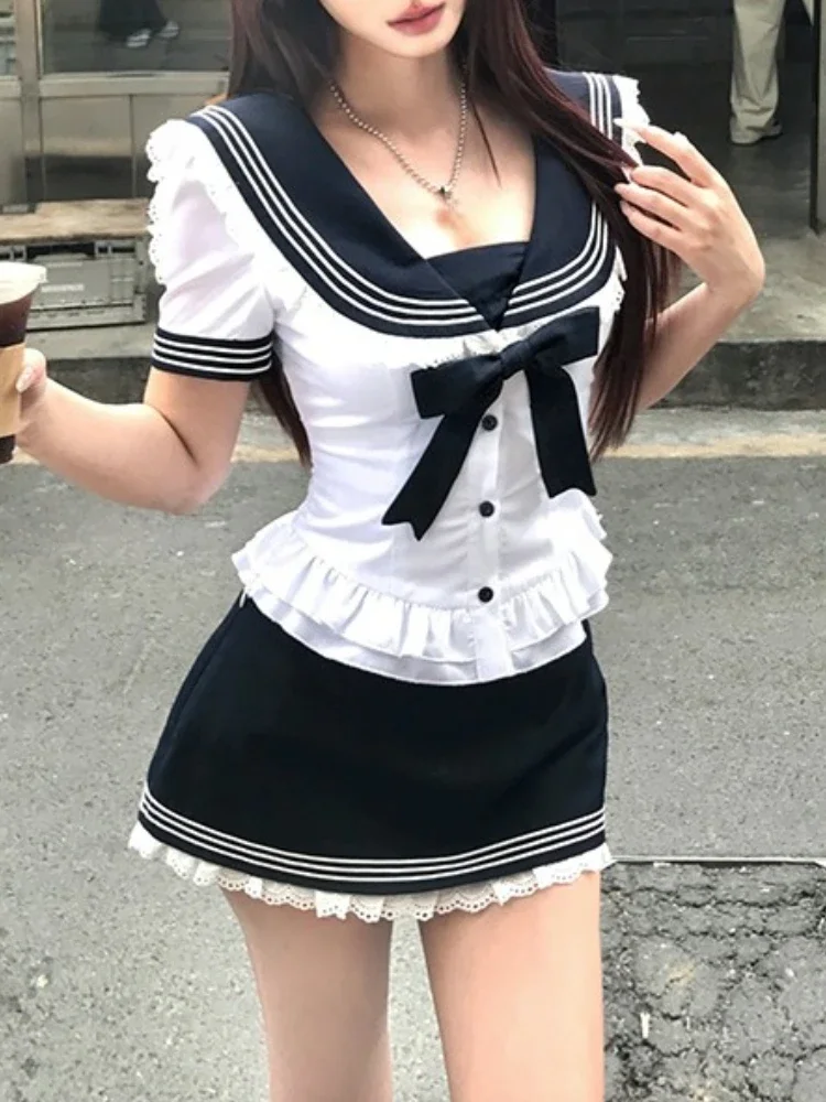 

College Style Bow Sweet Two Piece Set Women Sweet Sailor Japanese Short Sleeve Ruffle Sets 2025 Hot Sale