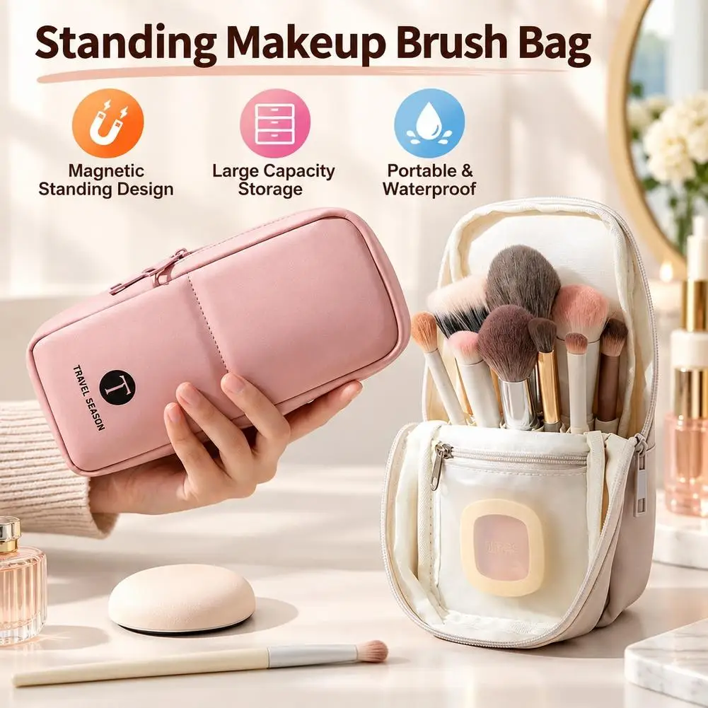 Portable Travel Makeup Bag Waterproof Cosmetic Pouch Standing Makeup Brush Organizer Eyebrow Pencil Lipstick Holder