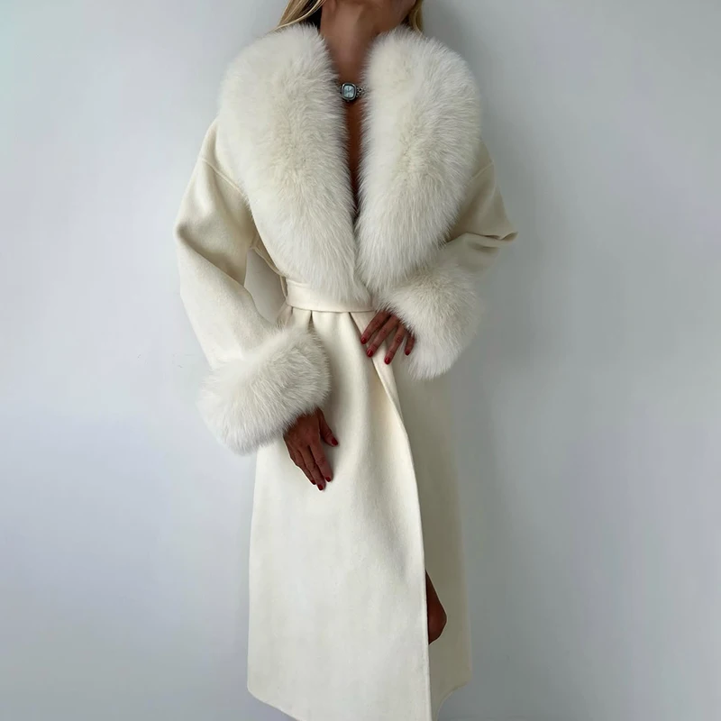 

TARUXY Luxurious Fox Fur Collar Coat Women's Elegant Lace-Up Solid Long Sleeve Pocket Long Coat Winter New Fashion Warm Jacket