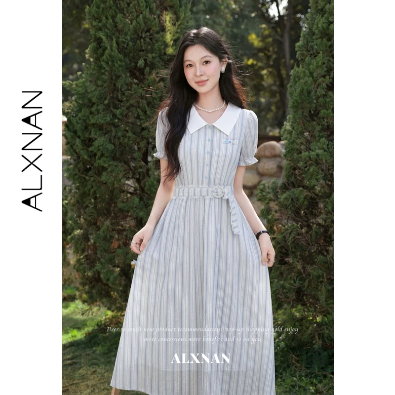 

ALXNAN Light Blue Striped Shirt Dress Women Summer New Doll Collar Puff Sleeve Ruffle Dress 2026 Elegant Female Clothing L63839