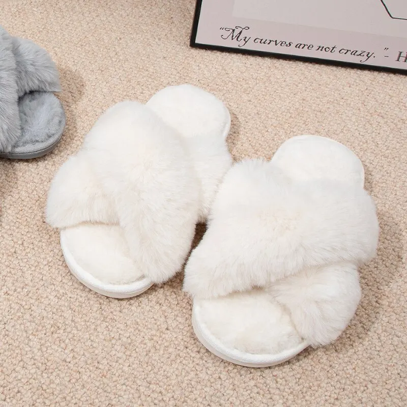 Feslishoet Women Fuzzy Slippers Cross Band Soft Plush Cozy House Shoes Furry Open Toe Indoor Outdoor Slip Warm Anti Skid Sole