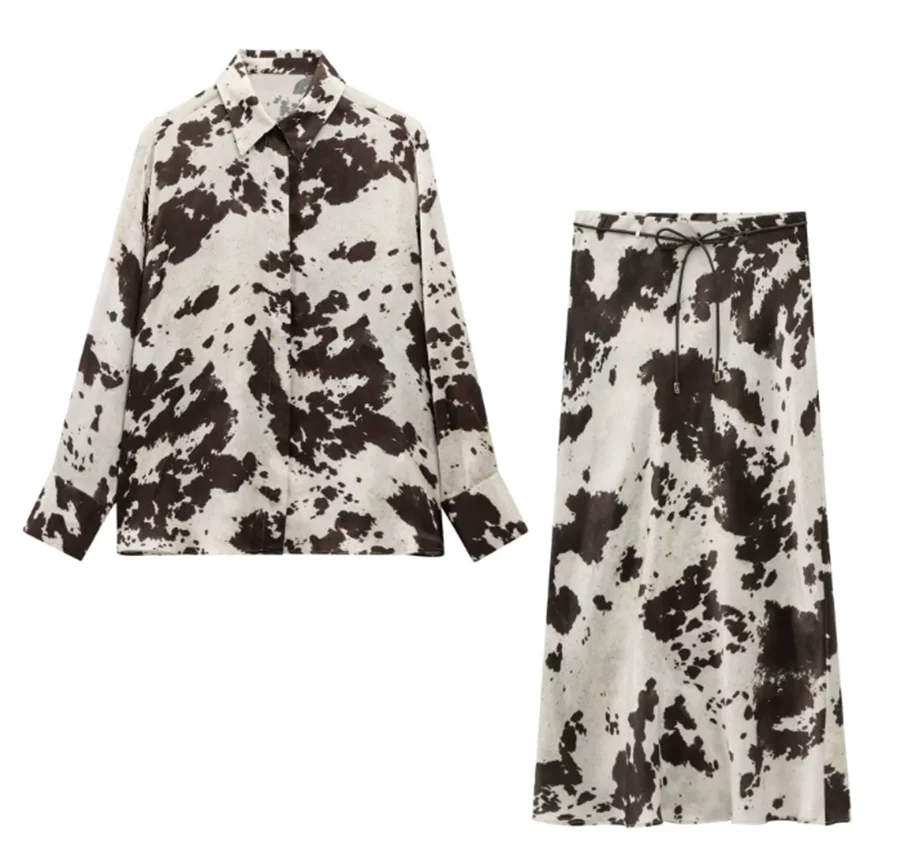 Print Satin Skirt Set Women's Suit Oversized Long Sleeve Shirt 2 Piece Sets Woman Outfit High Waist Lace-Up Skirt Sets