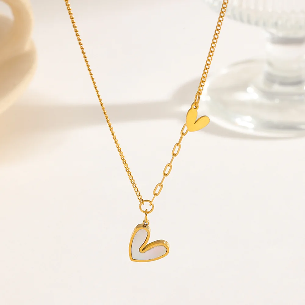 Cute Tiny Heart White Mother of Pearl Necklace, Sweet Fresh Asymmetrical Chain Clavicle Chain for Women Summer