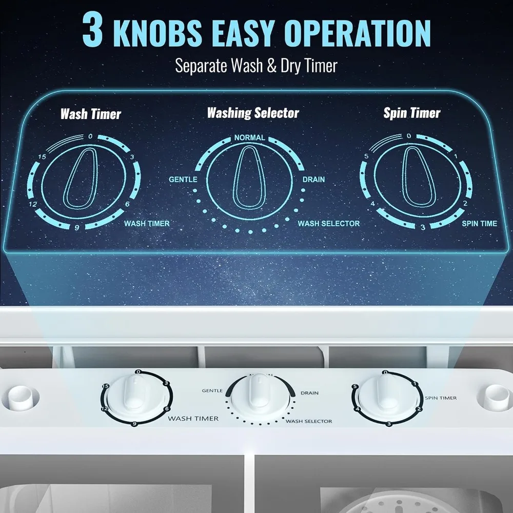 휴대용 미니 세탁기 트윈 욕조, 건조기 세척 및 스핀 건조기, 캠핑, 아파트, 기숙사, 22lbs 용량