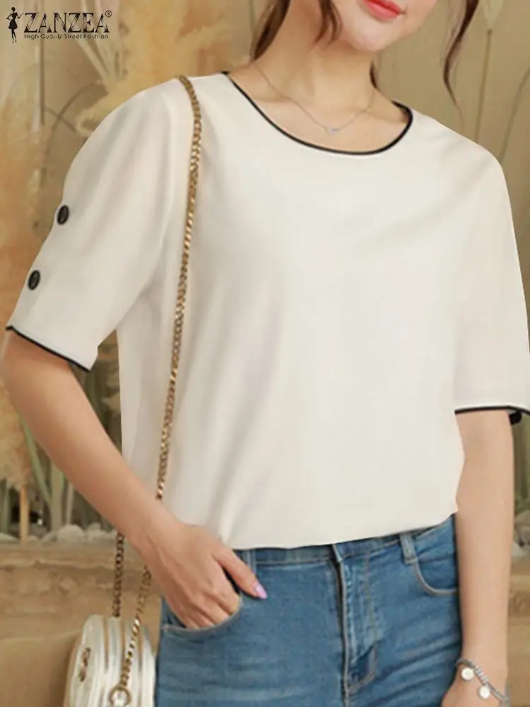 ZANZEA Elegant O-neck Basic Tops 2024 Summer Women Buttons Blouse Korean Office Casual Solid Blusas Fashion Short Sleeve Shirt