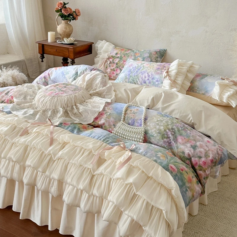 French Princess Style Cotton Four-piece Set Pure Cotton Oil Painting Style Lace Bow Quilt Cover Girl Heart Bed Skirt