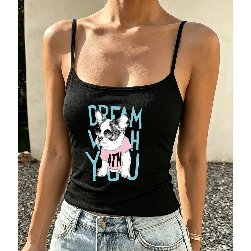 Funny Pet Portrait Camisole Women Summer Tank Top French Bulldog Motif Sleeveless Vest for Walking Park Cute Fashion