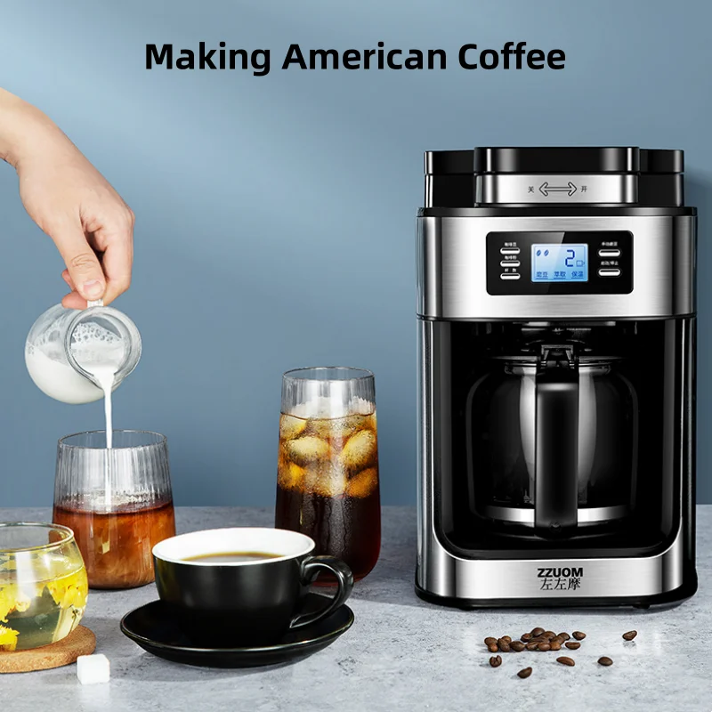 ZZUOM Electric American Coffee Machines Fully Automatic Freshly Ground Coffee Machine One-piece Grinding Machine Drip Coffee Pot