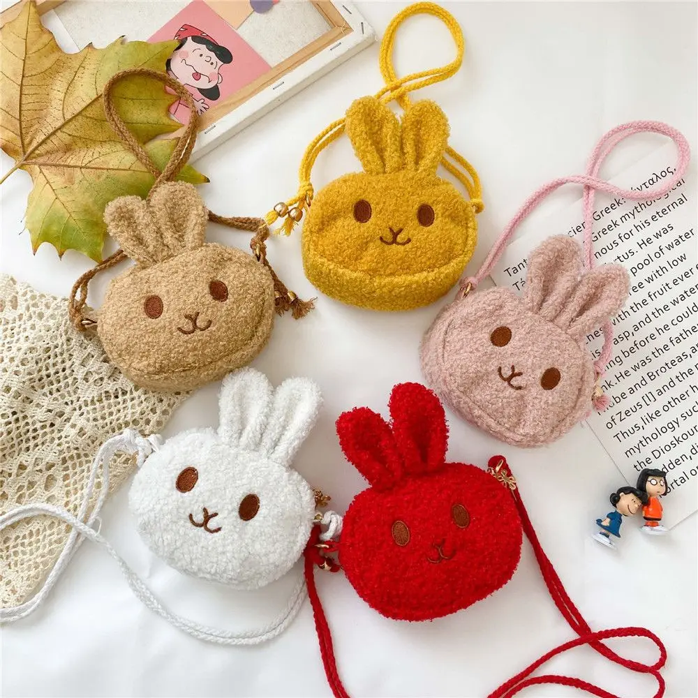 Cute Little Rabbit Kids Plush Drawstring Bag Casual Children Baby Shoulder Bag Sling Bag For Toddler Preschool Kids Gift