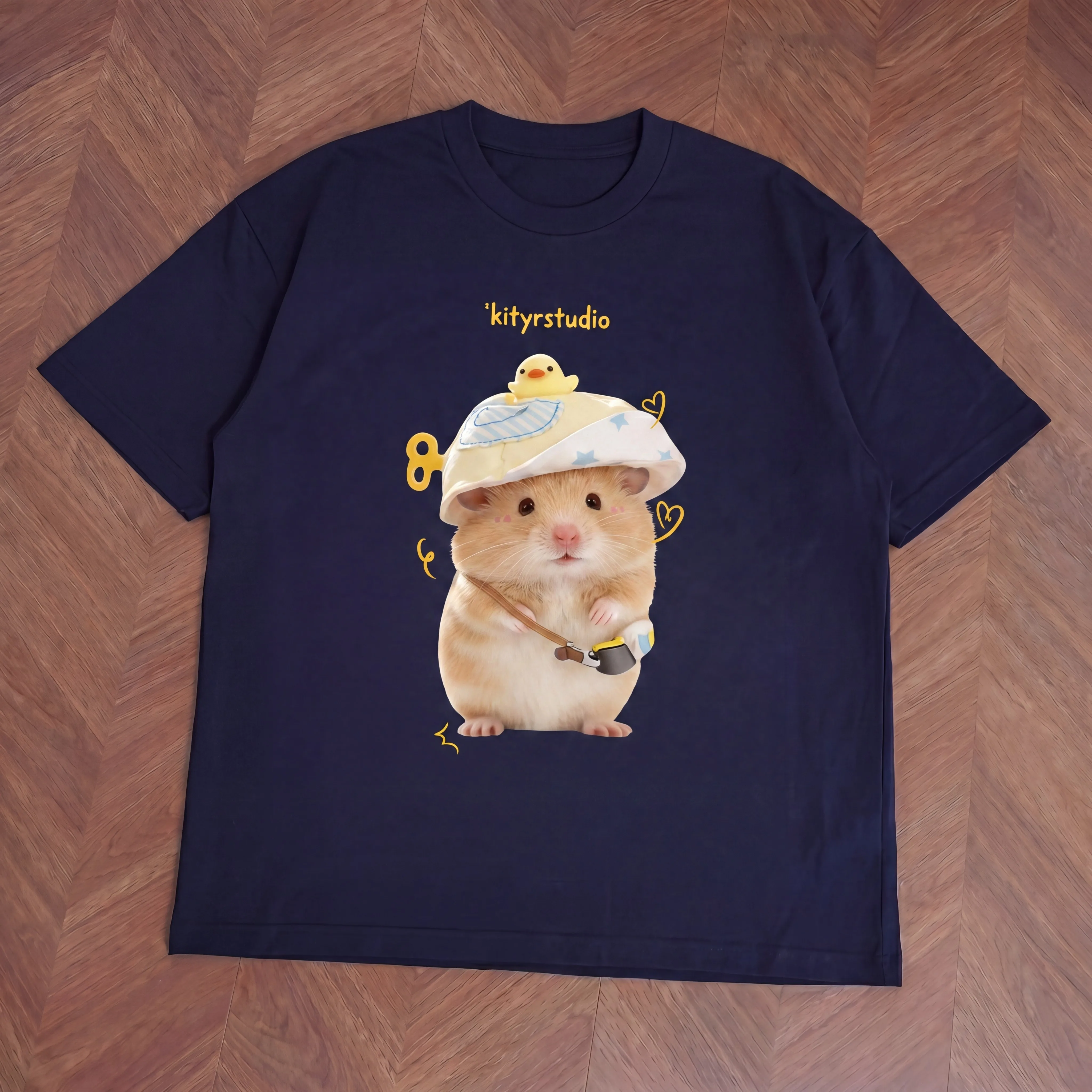 Cute Hamster With Duck Hat Print T Shirt Women Casual Loose Short Sleeve Top Lovely Animal Graphic Daily Cotton Tee