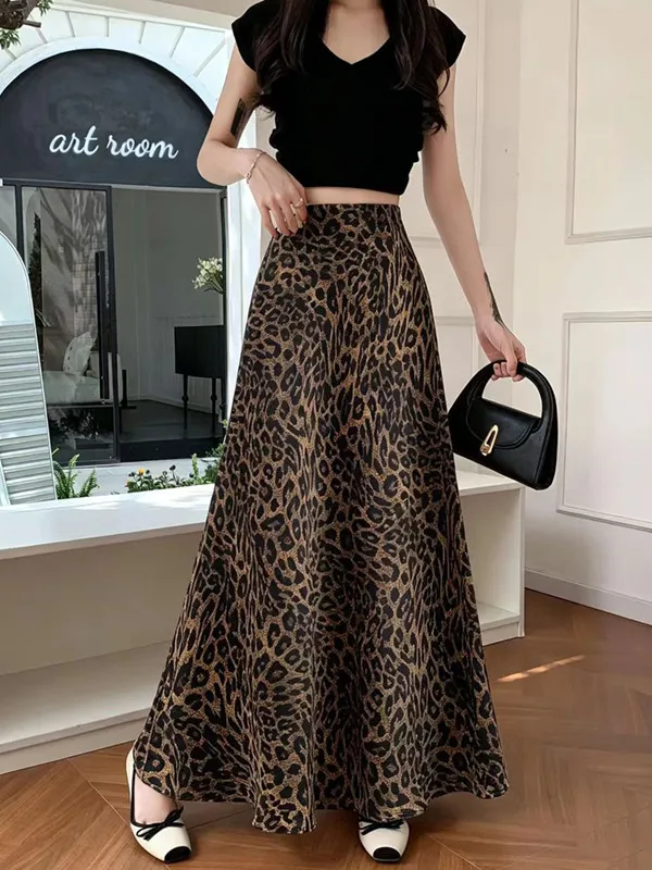 Elegant Floral Leopard Print Fish Tail Half Skirt Women's Summer 2026 New Style Acetate Satin Wrap around A-Line Long Skirt