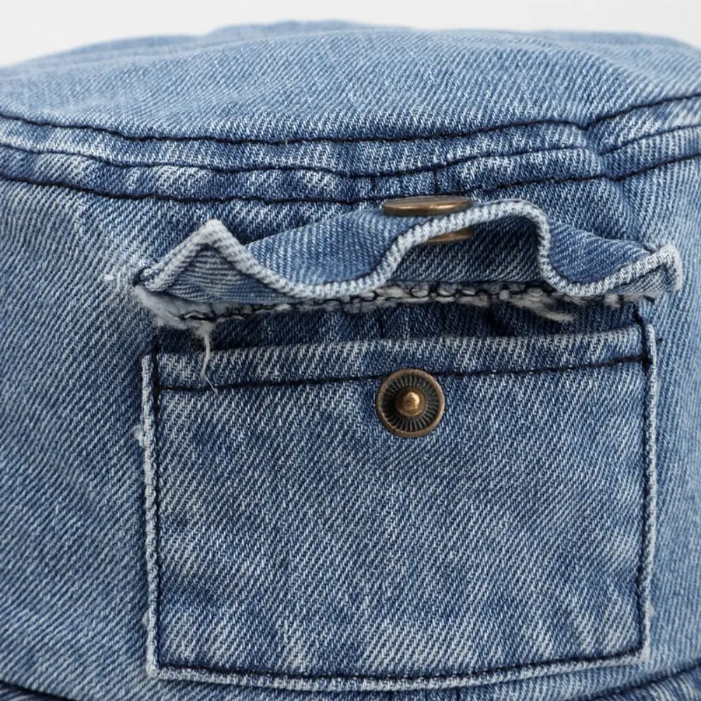 

New Vintage Denim Bucket Hat Travel Solid Color Pocket Sun Hats Korean Outdoor Fisherman Cap Unisex