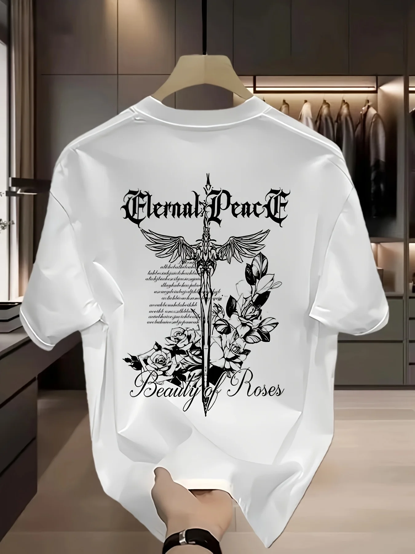 Gothic Eternal Peace Sword and Roses Print Tee Made of 100% Cotton A Bold Pick for Summer Streetwear and Casual Style