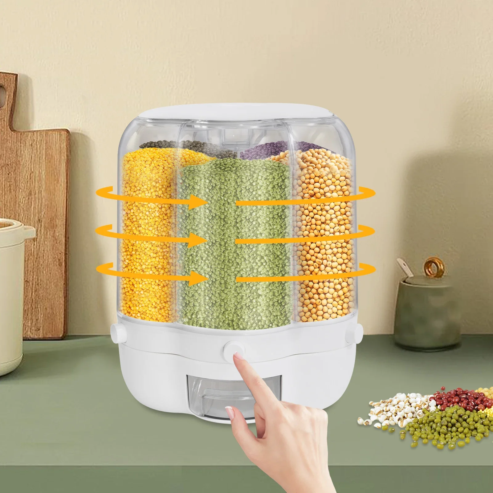 

Rotating Food Dispenser Rice Dispenser 6-Grid Rice Bucket Whole Grains Rice Container Storage with Lid Dry for Kitchen White