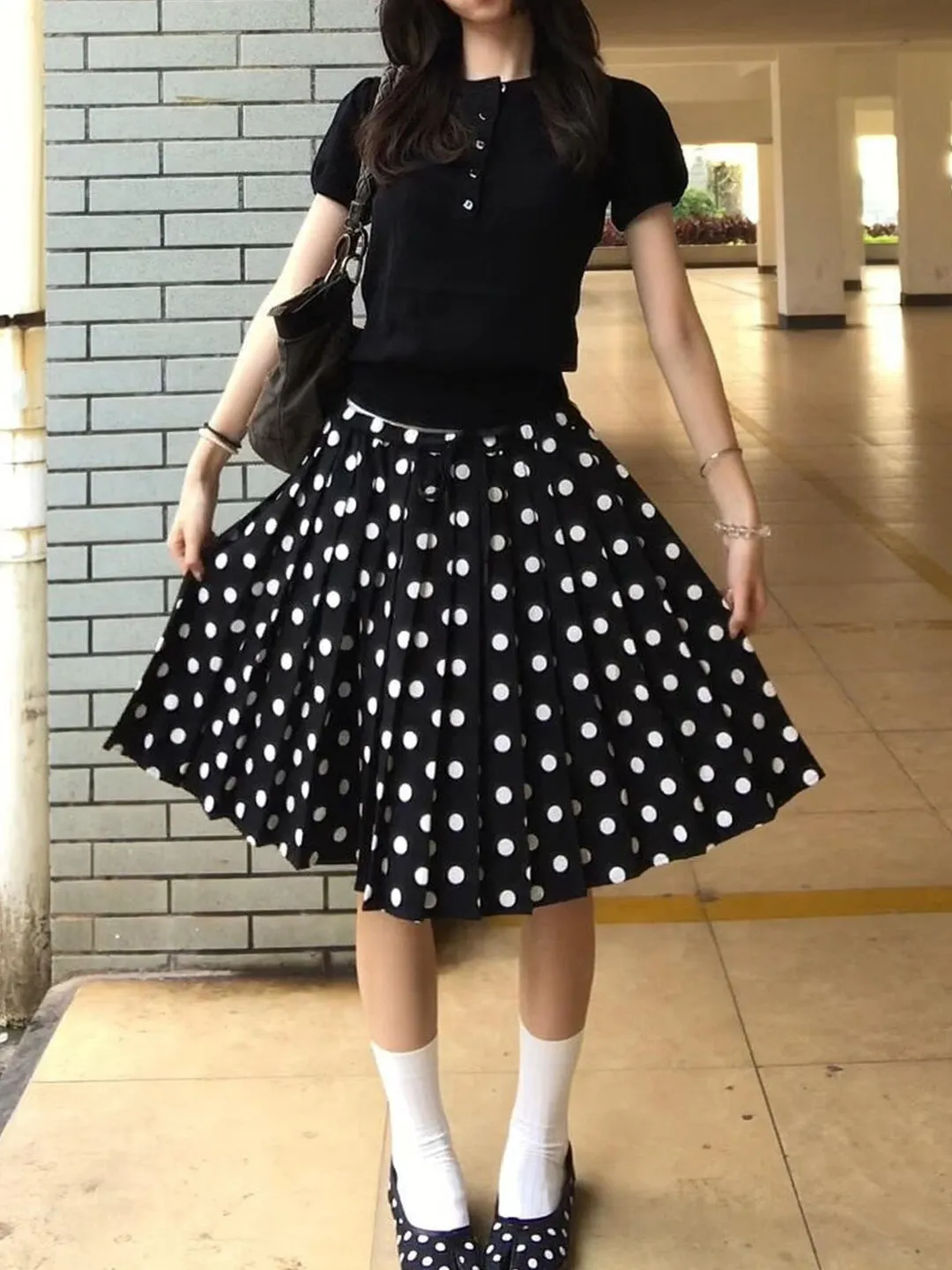 

Ele Bla Polka Dot ter Ne Dr Women's Slimming College Sle Midi Skirt High Waist A-Line Skirt Spring Season
