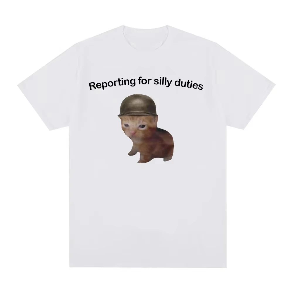 Reporting forSilly Duties Funny Cat Meme Graphic Print Cotton Blend Loose Unisex Fashion Casual Streetwear Short Sleeve Tee Tops