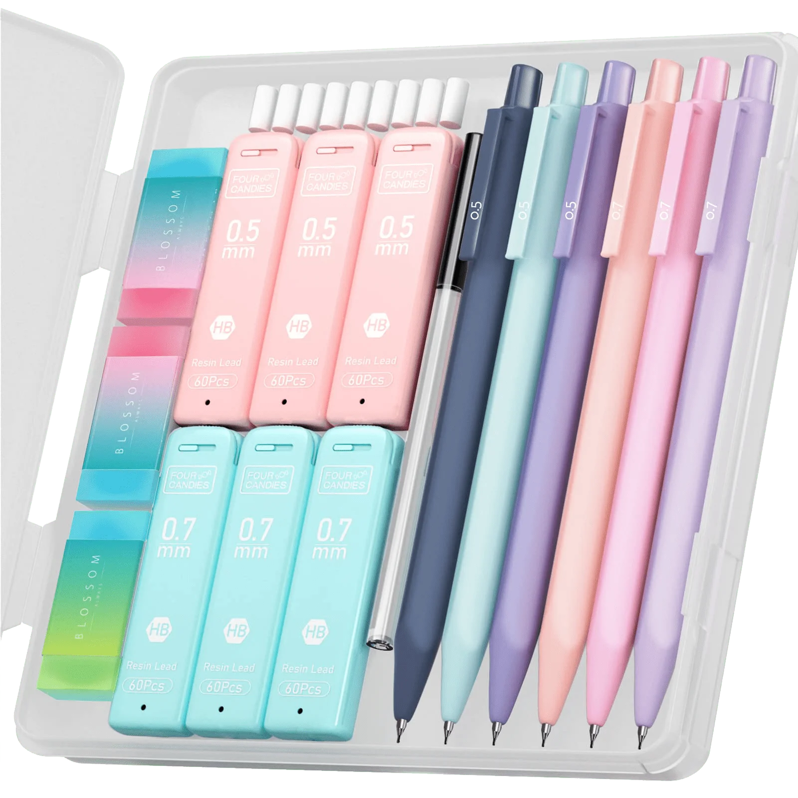 

6PCS Cute Pastel Mechanical Pencils 0.5/0.7mm Set, 360 Leads + Erasers for School Writing