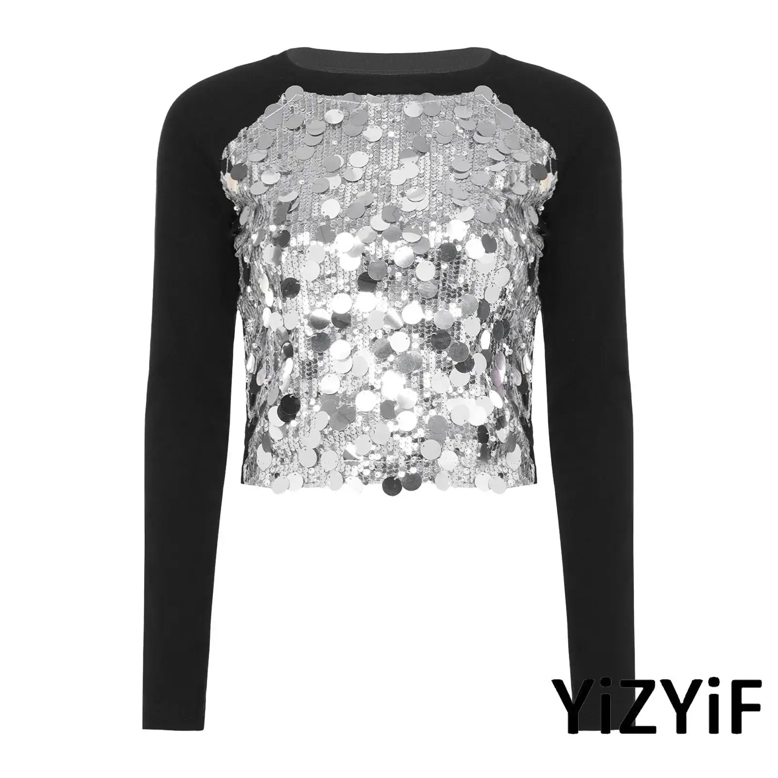 Sequined Front Crew Neck Crop Top for Women Long Sleeve Pullover Hip Hop Street Dance Blouse Clubwear for Music Party Stage