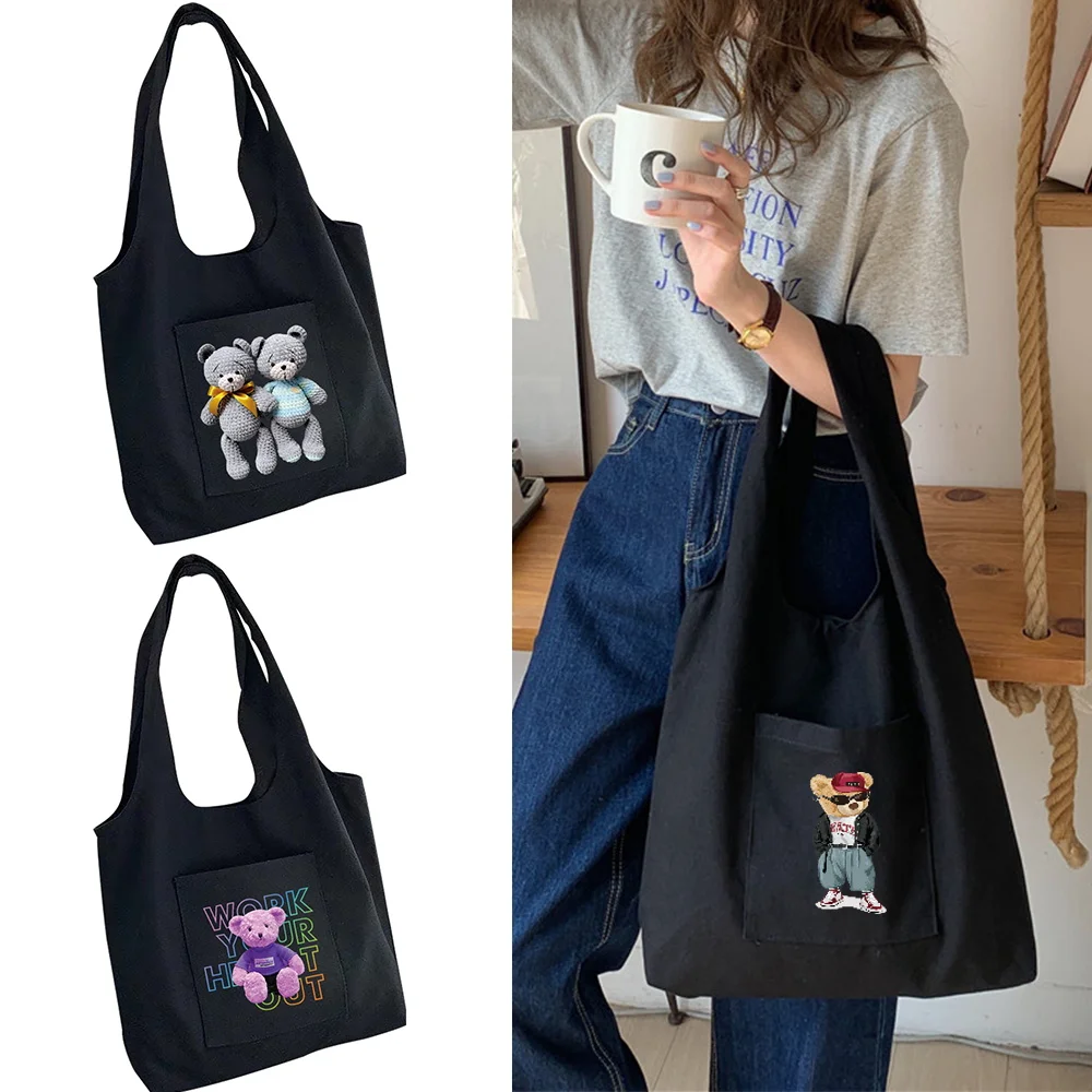 

Women's Shopping Bag Canvas Commuter Shopping Vest Bags Cotton Bear Print Collection Reusable Grocery Totes Fashion Tote Bags