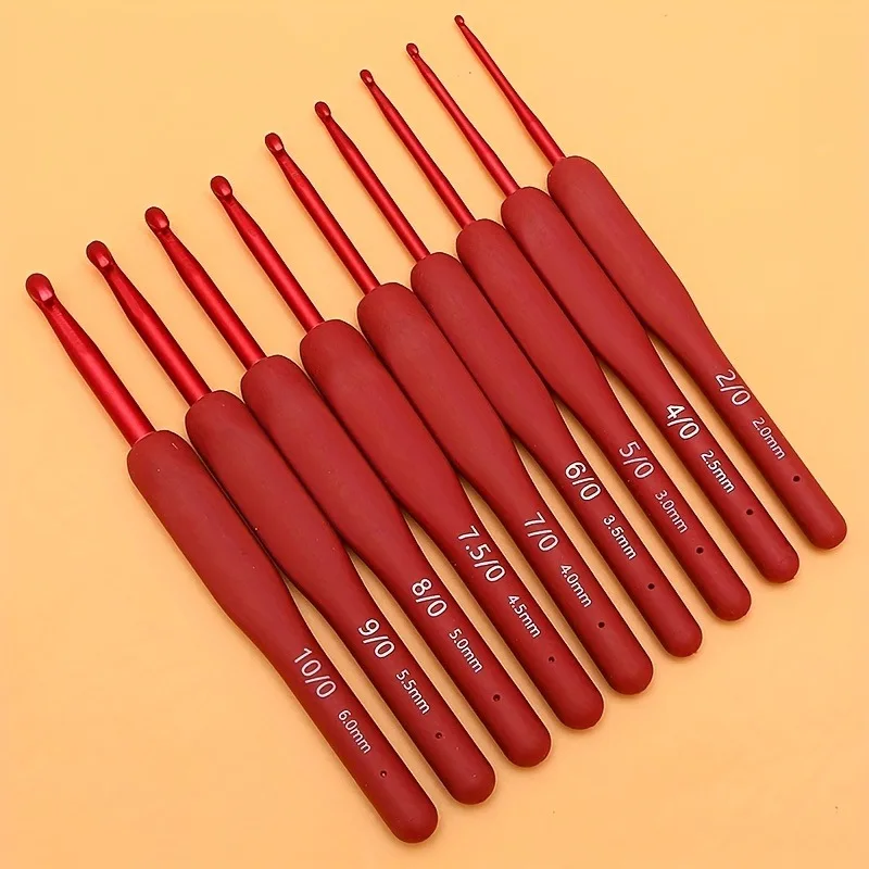 Red Crochet Hook Set 5/9 Pieces Soft Handle Stainless Steel Yarn Needle for DIY Doll Making And Sweater Knitting Handcraft Tools