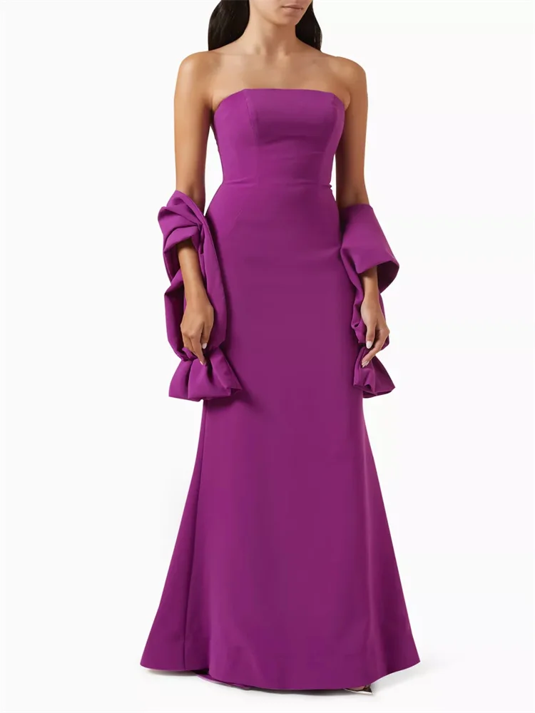 

Hot Selling Strapless Neckline Boned Bodice Crepe Evening Dress Elegant Open Back Zipper Floor Length Sweep Train Gown For Women