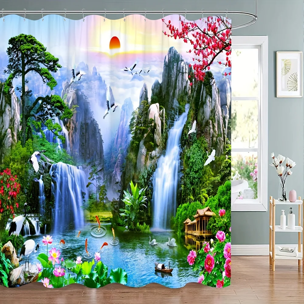 1pc Mountain And Water Scenery Shower Curtain, Sunrise Beautiful Rivers And Mountains Waterfalls Lakes Pine Trees Pattern