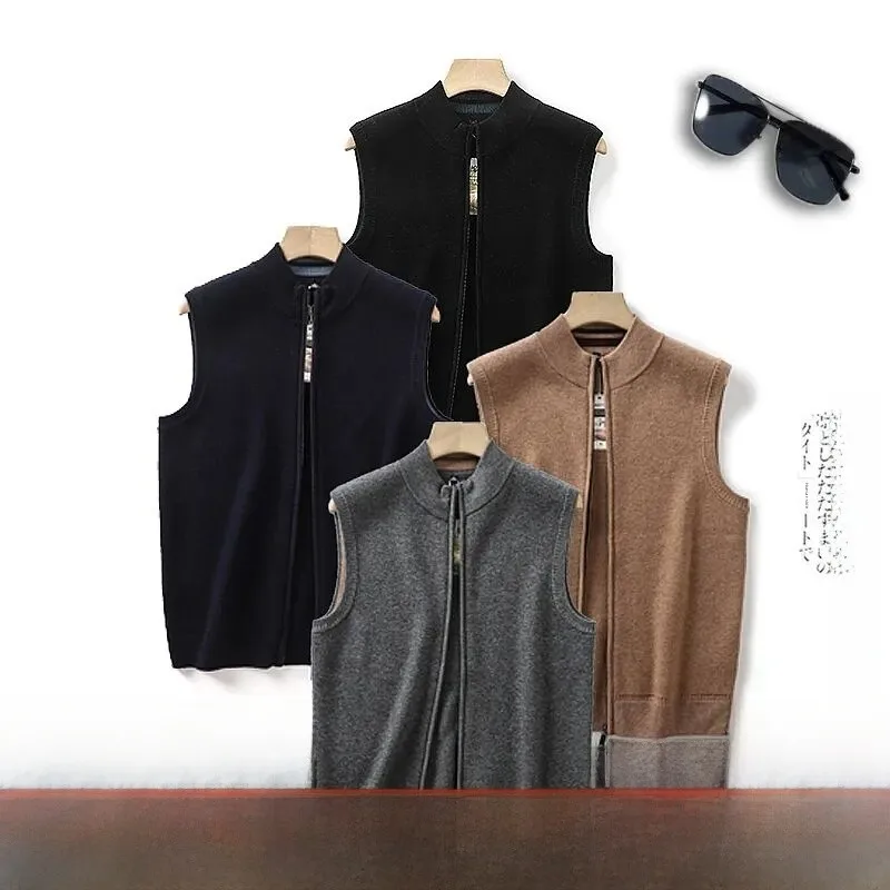

00% Wool Knitted Vest Men's Autumn Winter Fine Texture Skin-friendly Faionable Zipper Closure Color Vest