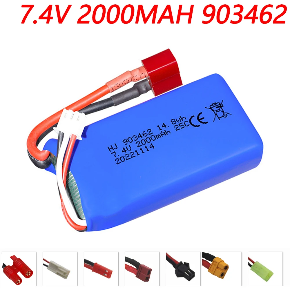 7.4V 2000mAh Lipo Battery For 144001 12428 12423 FT009 RC Boat car speedboat Spare Parts 2S 7.4 V 903462 Battery upgrade 1500mah