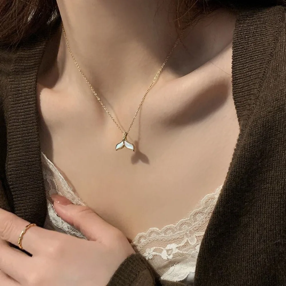 New Arrival White Sea Shell Mermaid Tail Pendant Necklace for Women Cute Gold Color  Stainless Steel Choker Korea Jewelry Gift image 2