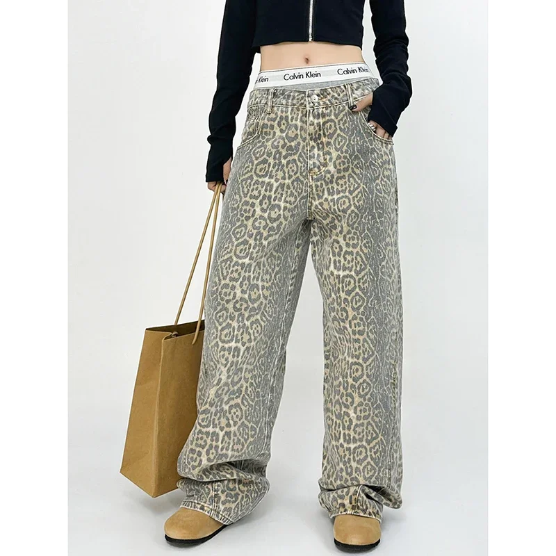 

American Retro High Street Casual Overalls Leopard Print Loose Wide Leg Pants For Women Y2k Hip-hop Cargo Grunge Baggy Trousers