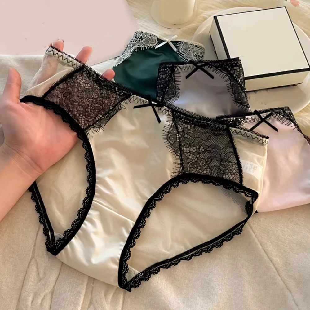 Women Sexy Panties Lace Trim Satin Panties Soft Thin Lace Knickers Smooth Black Bow Mesh Briefs Bowknot Comfort Mid-Rise Briefs