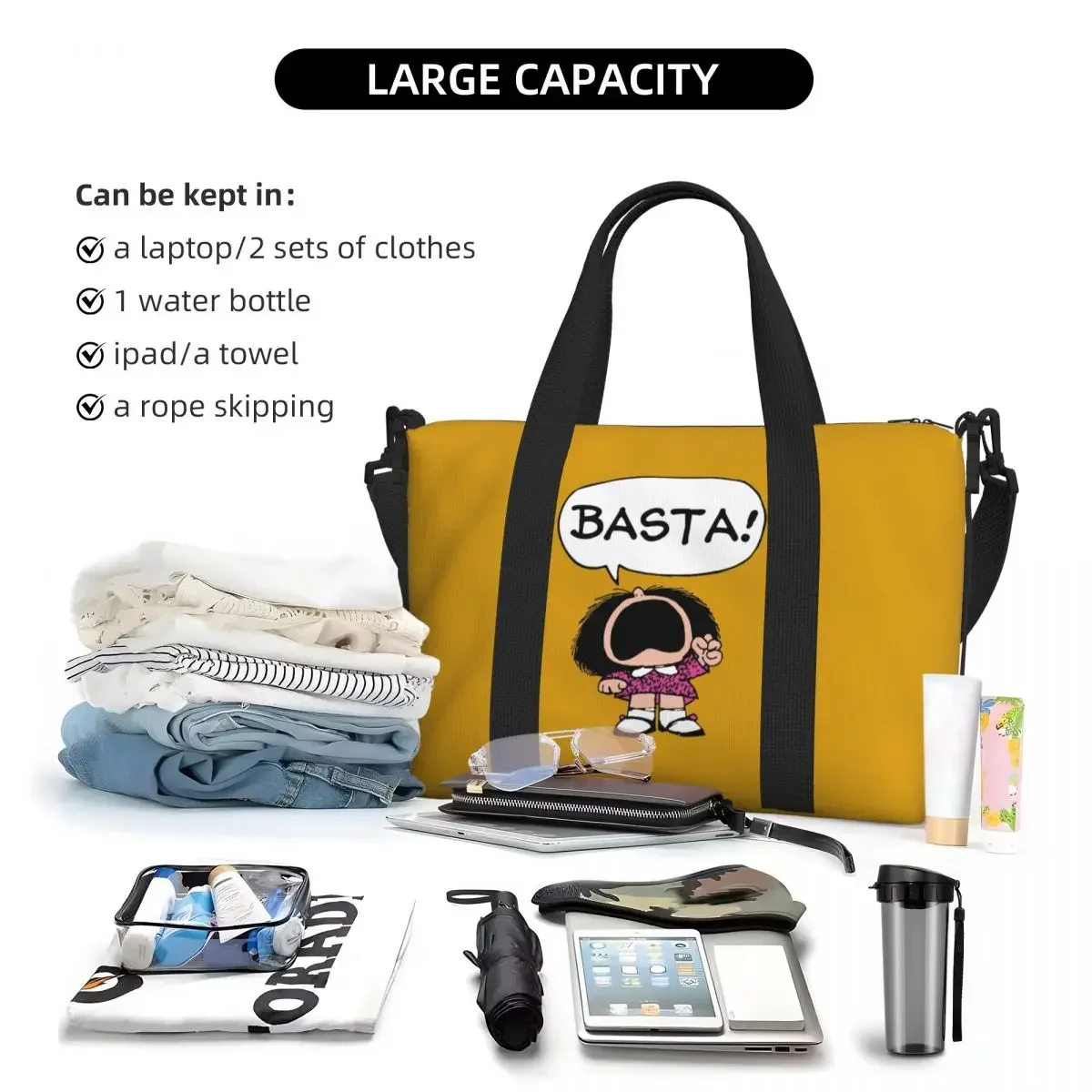 Custom Mafalda Basta Tote Bag for Women Large Capacity Quino Argentina Cartoon Beach Gym Travel Bags