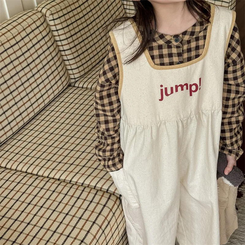 2024 Autumn New Children Loose Overalls Cotton Girls Fashion Letter Print Strap Trousers Toddler Boys Casual Pants Kids Clothes