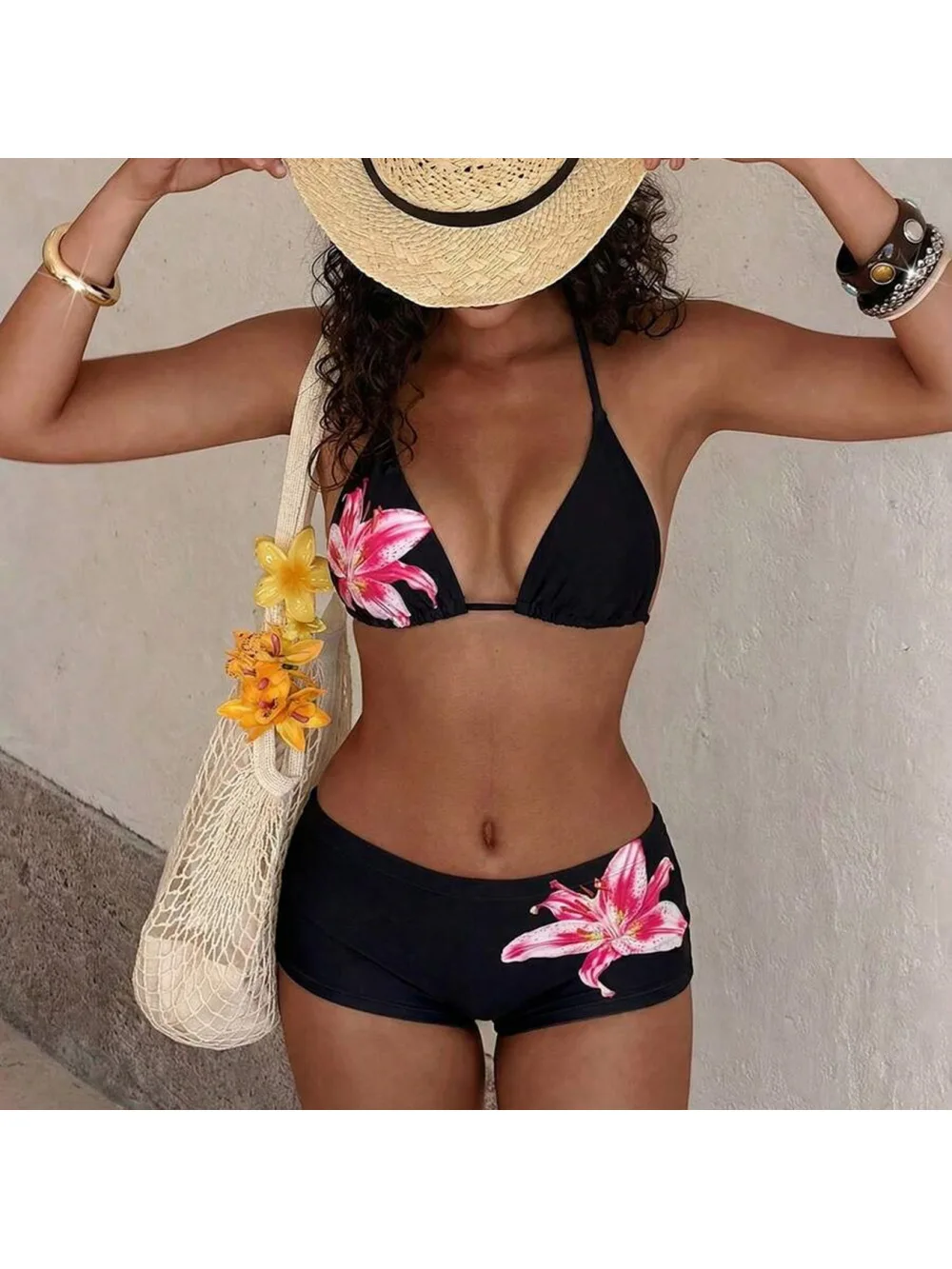 2026 New Summer Retro Tropical Lily Flower Bikini Set Triangle Top Flat Corner Swimming Pants Trendy Hot Girl Beach Vacation ins