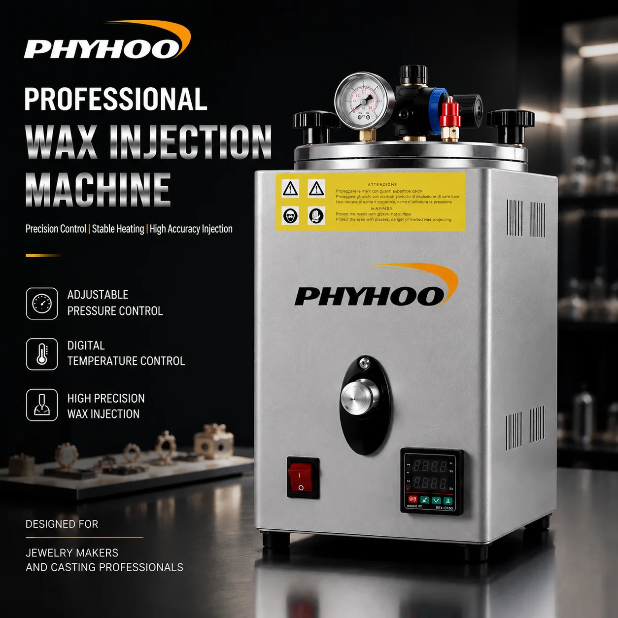 PHYHOO 8kg Professional Wax Injection Machine with Pressure Gauge and Digital Temperature Control for Jewelry Casting Mold Maker