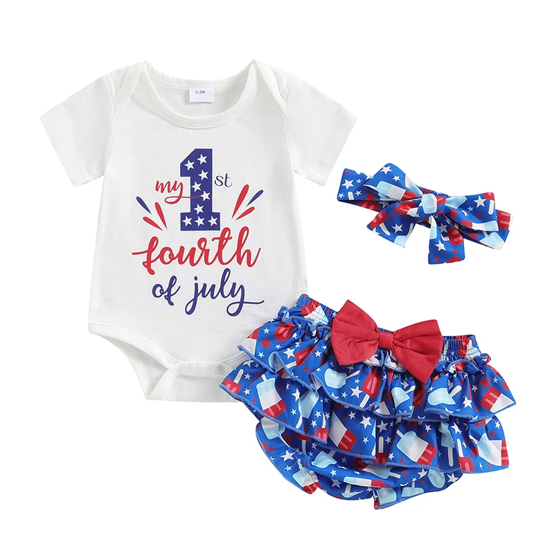 

4th of July Baby Girl Outfit Short Sleeve Ice Cream Romper Ruffle Stripe Star Shorts My 1st 4th of July Outfits