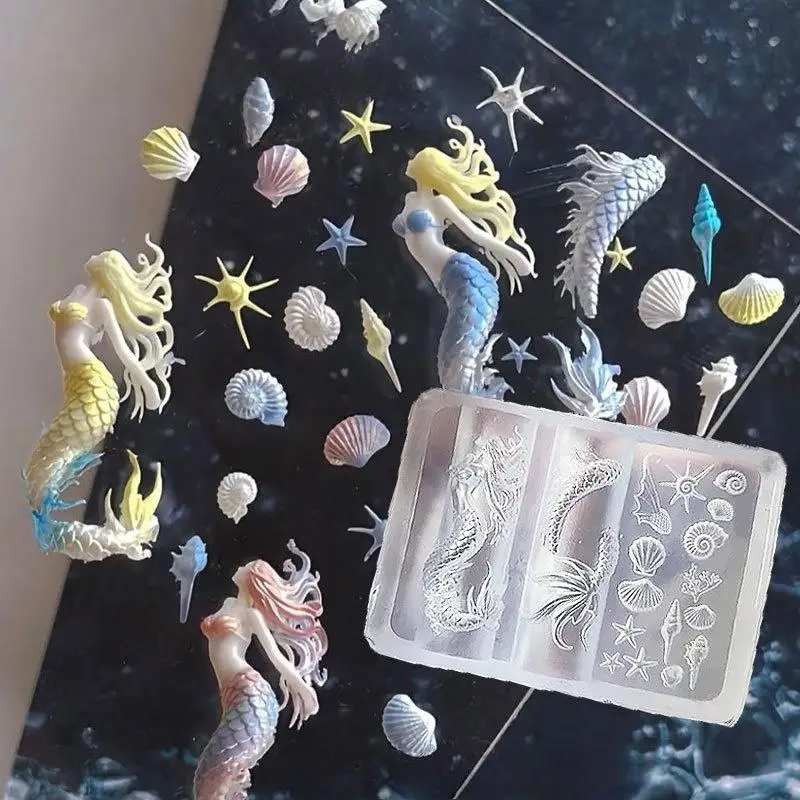 Serie con diseño marino, molde de silicona 3D para uñas, sirena, estrella de mar, concha, plantillas para tallar uñas, herramienta de diseño de manicura, decoración artística de uñas DIY