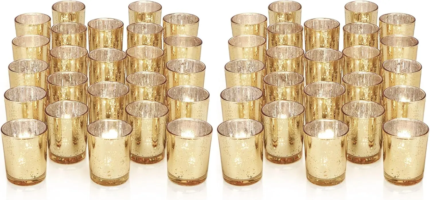 

24Pcs Gold Mercury Glass Votive Candle Holders for Wedding Centerpieces, Tea Light Holders for Party Home Decor